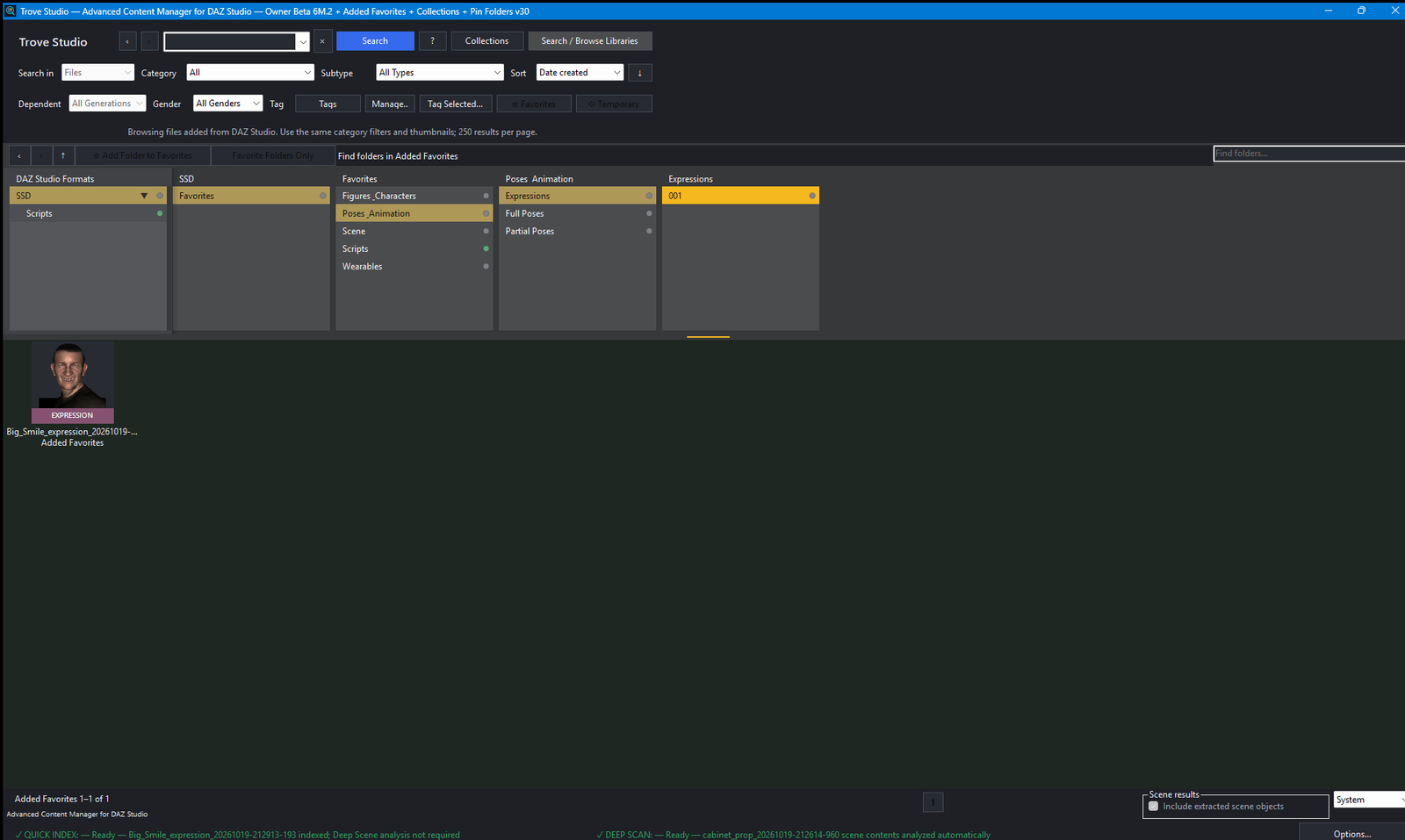 Trove Studio-Oberfläche — Mimik, Kleidung und Werkzeuge aus deiner Produktion.